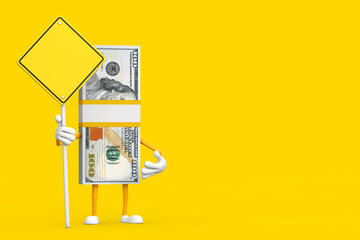 Stack of One Hundred Dollar Bills Person Character Mascot and Yellow Road Sign with Free Space for Yours Design. 3d Rendering