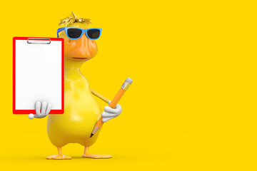 Fototapeta premium Cute Yellow Cartoon Duck Person Character Mascot with Red Plastic Clipboard, Paper and Pencil. 3d Rendering