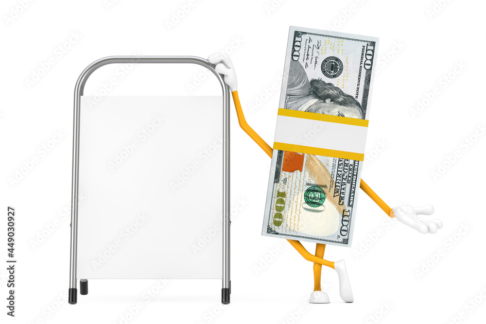 Aufkleber stack of one hundred dollar bills person character mascot with white blank advertising promotion sta