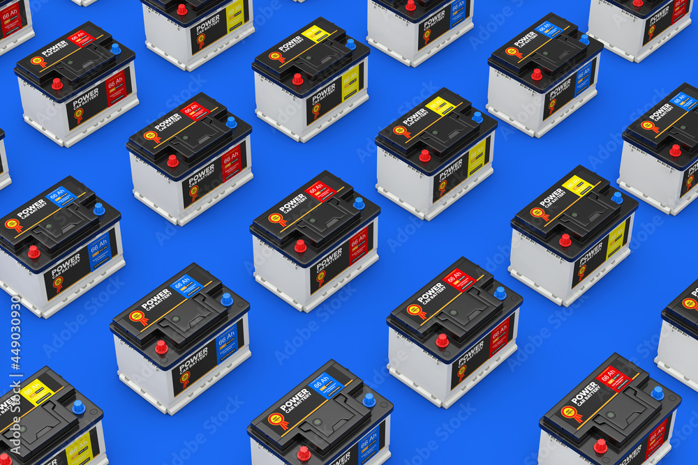 Aufkleber Rows of Rechargeable Car Battery 12V Accumulators with Abstract Label. 3d Rendering