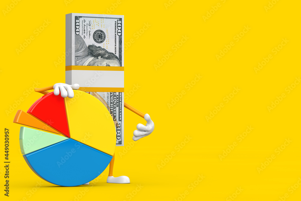 Leinwandbilder stack of one hundred dollar bills person character mascot with info graphics business pie chart. 3d 