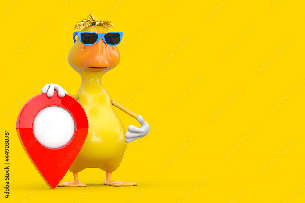 Poster cute yellow cartoon duck person character mascot with red map pointer target pin. 3d rendering