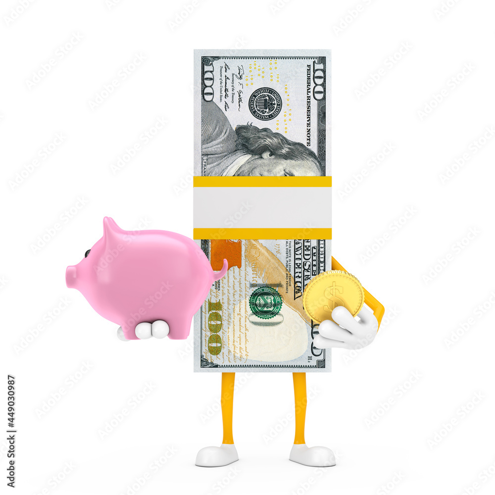 Aufkleber stack of one hundred dollar bills person character mascot with piggy bank and golden dollar coin. 3d