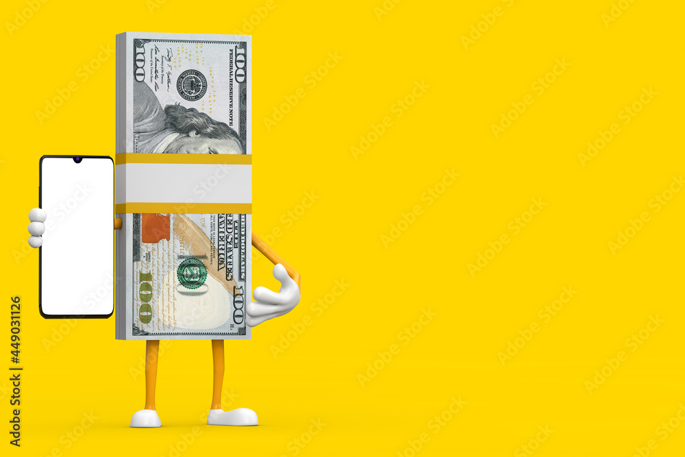 Leinwandbilder stack of one hundred dollar bills person character mascot and modern mobile phone with blank screen 