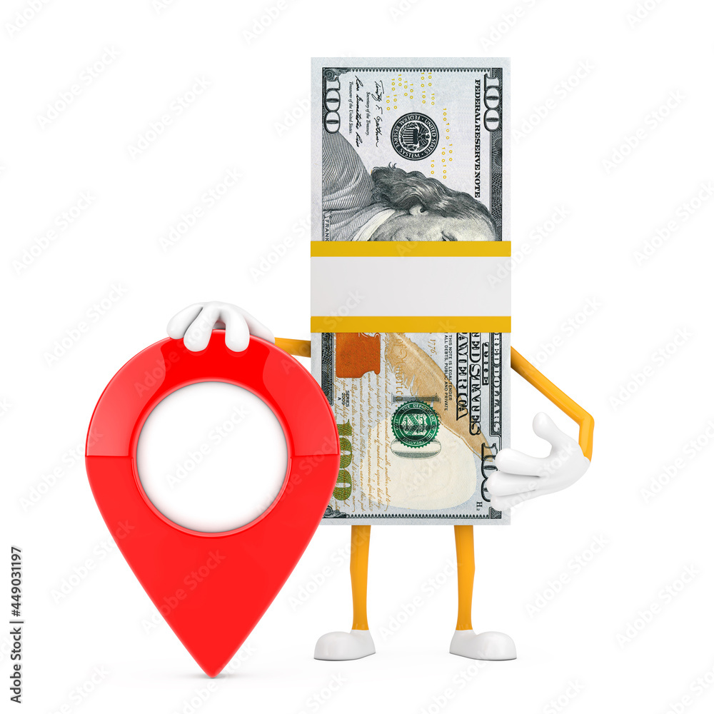 Poster stack of one hundred dollar bills person character mascot with red map pointer target pin. 3d render