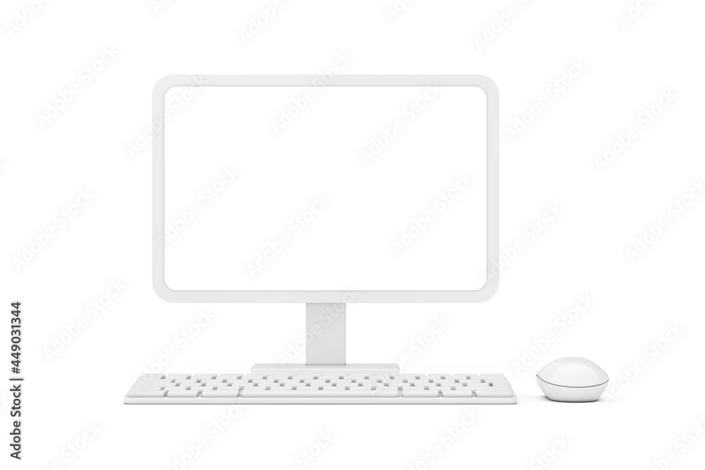 Fototapete abstract cartoon white desktop computer with mouse, keyboard and blank screen for your design in cla