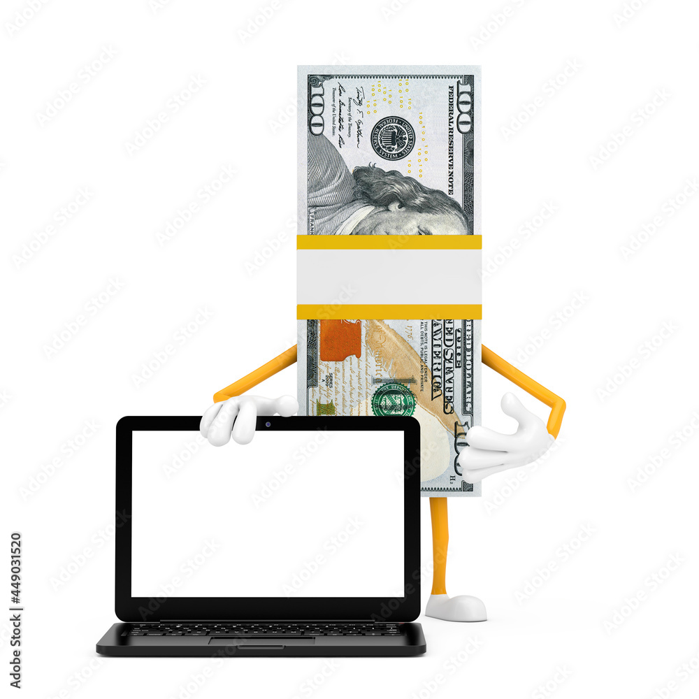 Leinwandbilder Stack of One Hundred Dollar Bills Person Character Mascot with Modern Laptop Computer Notebook and Blank Screen for Your Design. 3d Rendering