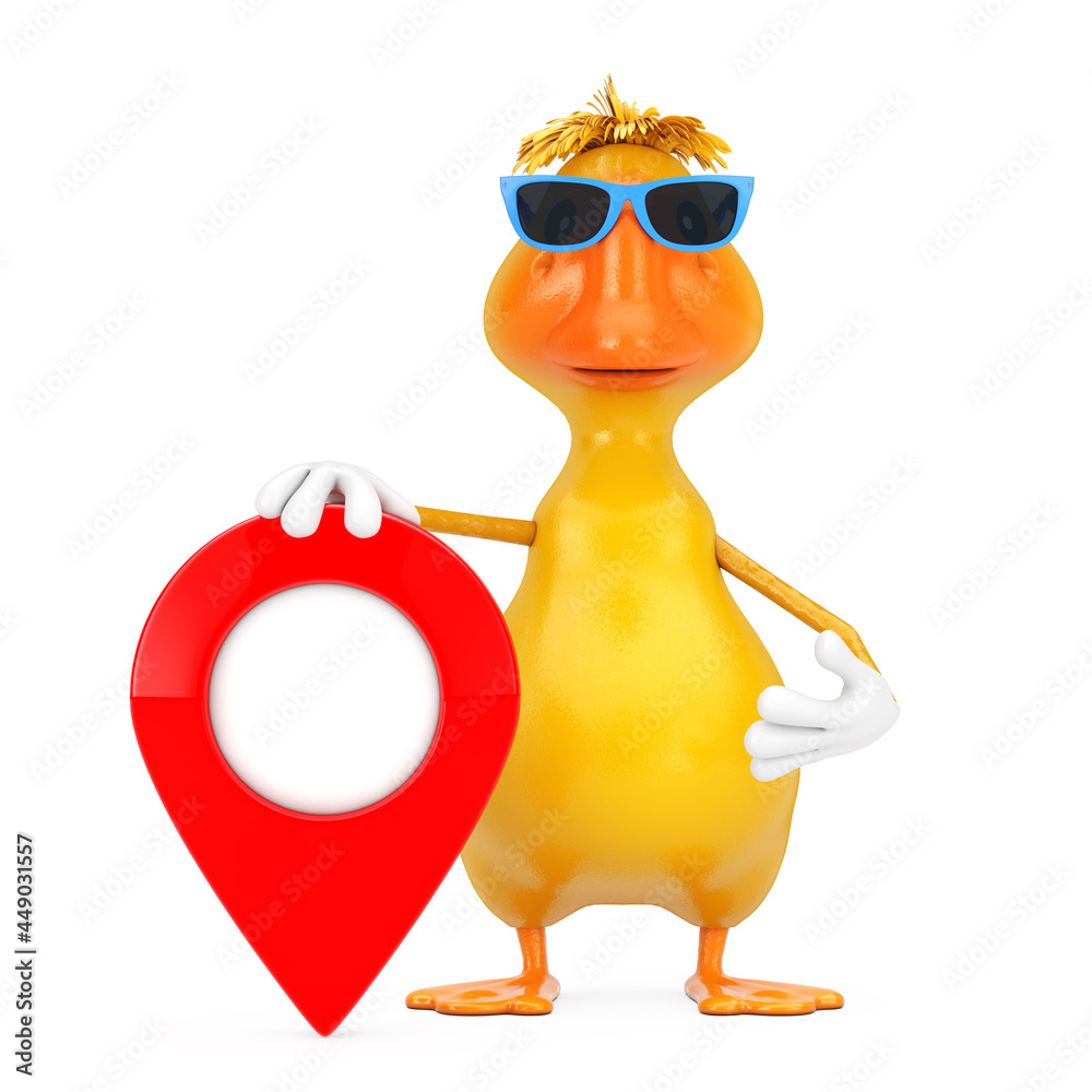 Poster Cute Yellow Cartoon Duck Person Character Mascot with Red Map Pointer Target Pin. 3d Rendering