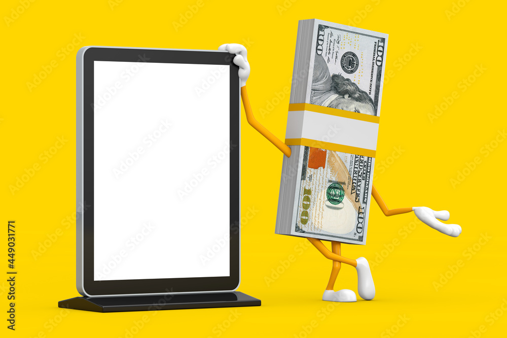Leinwandbilder stack of one hundred dollar bills person character mascot with blank trade show lcd screen stand as 