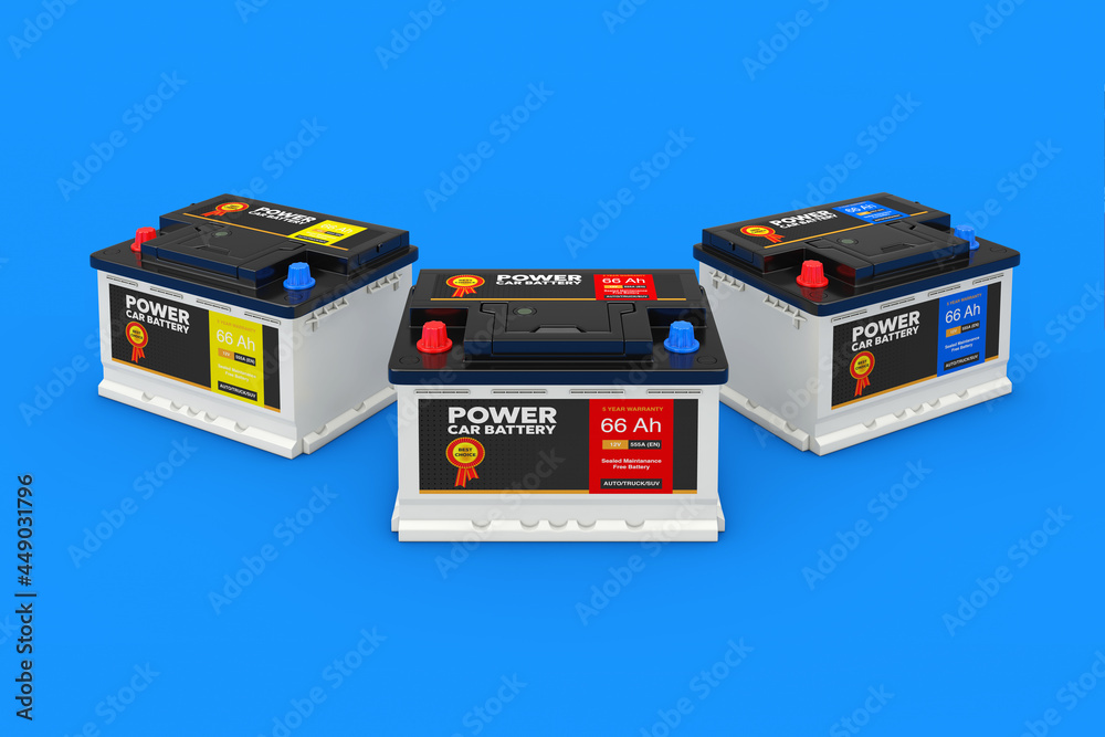 Poster rechargeable car battery 12v accumulators with abstract labels on a blue background. 3d rendering