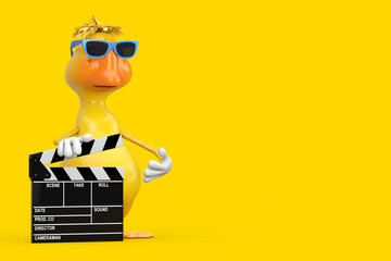 Cute Yellow Cartoon Duck Person Character Mascot with Movie Clapper Board. 3d Rendering