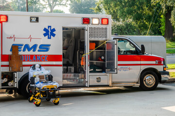 EMS Ambulance vehicle with stretcher and open door