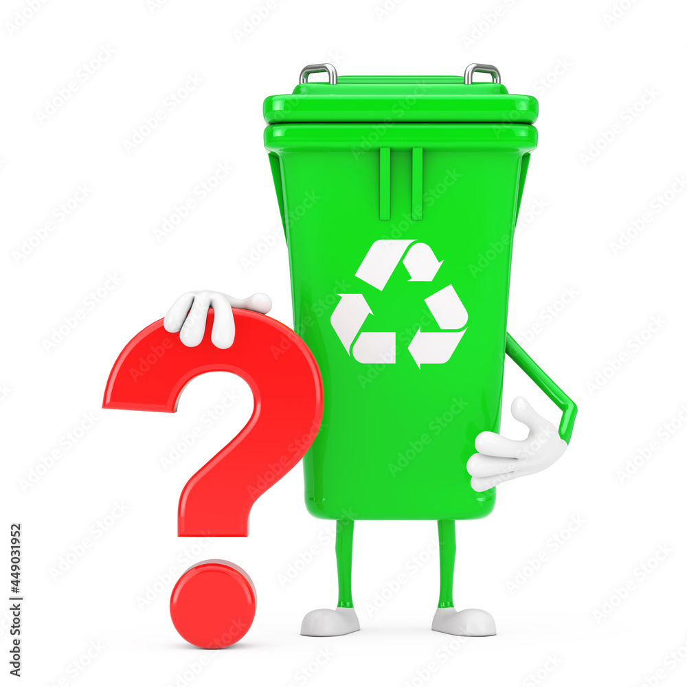 Poster recycle sign green garbage trash bin person character mascot with red question mark sign. 3d renderi
