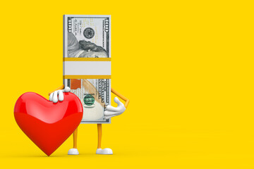 Stack of One Hundred Dollar Bills Person Character Mascot with Red Heart. 3d Rendering