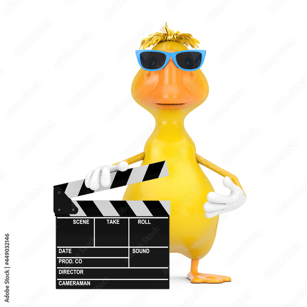 Poster cute yellow cartoon duck person character mascot with movie clapper board. 3d rendering