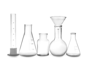 Clean empty laboratory glassware isolated on white