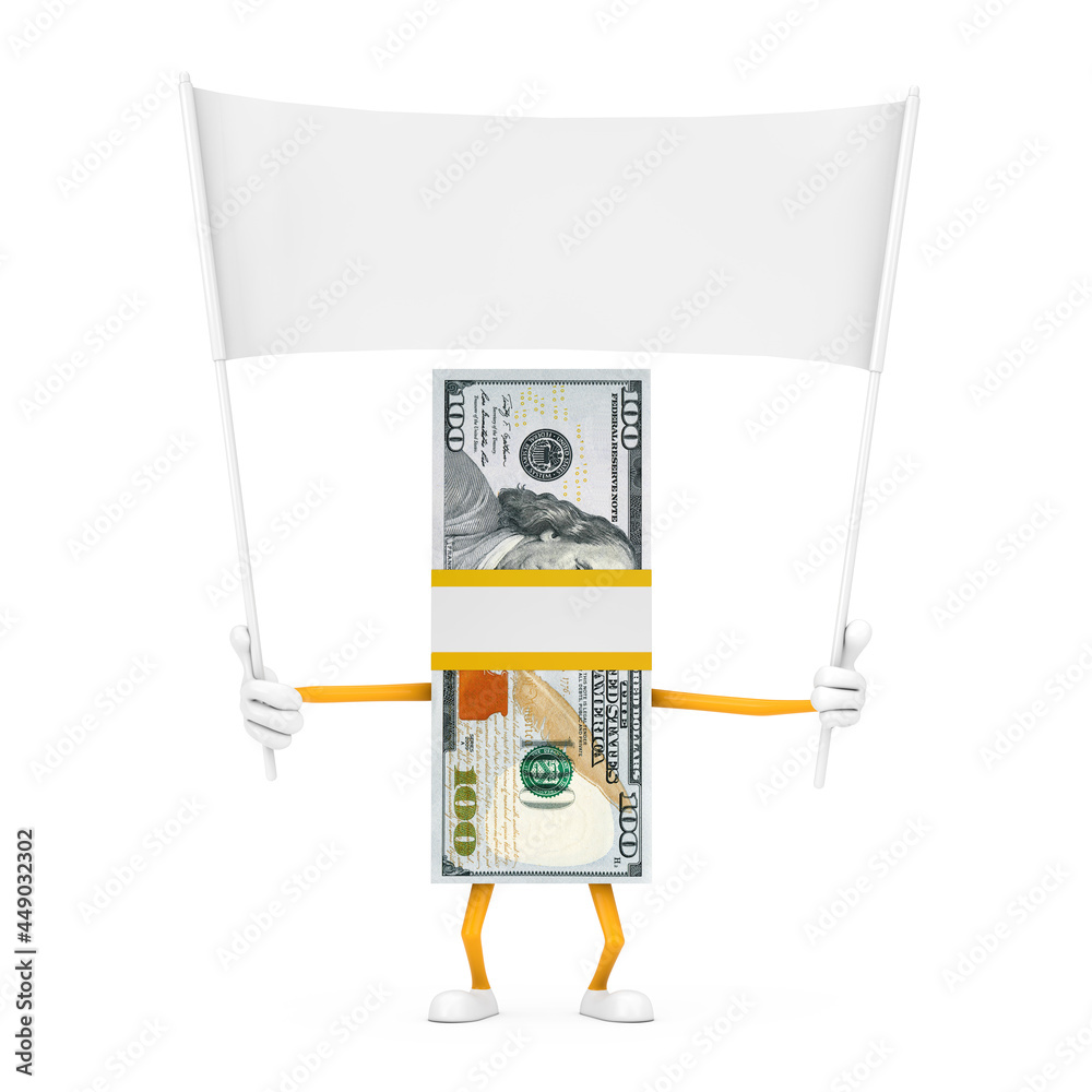 Leinwandbilder stack of one hundred dollar bills person character mascot and empty white blank banner with free spa