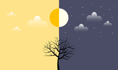 Day night landscape with sun and moon