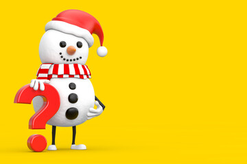 Snowman in Santa Claus Hat Person Character Mascot with Red Question Mark Sign. 3d Rendering
