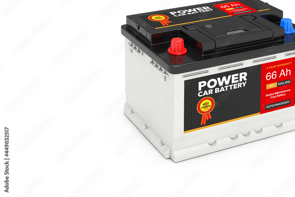 Poster rechargeable car battery 12v accumulator with abstract label. 3d rendering