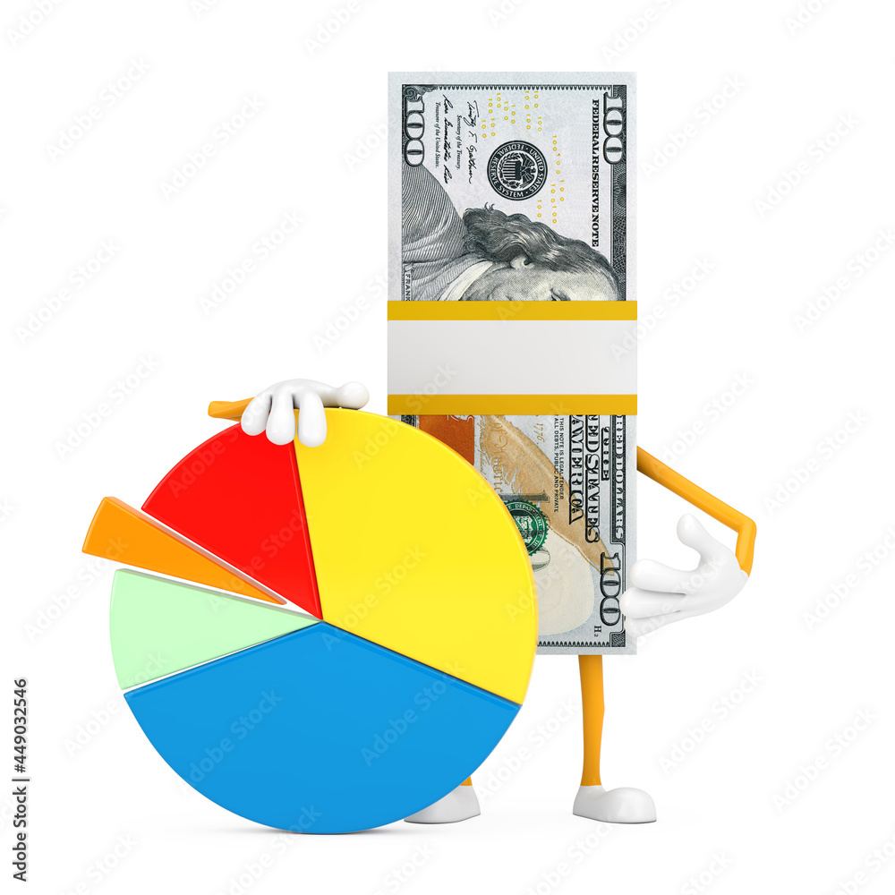 Aufkleber Stack of One Hundred Dollar Bills Person Character Mascot with Info Graphics Business Pie Chart. 3d Rendering