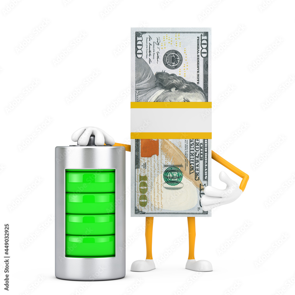 Aufkleber stack of one hundred dollar bills person character mascot with abstract charging battery. 3d renderi