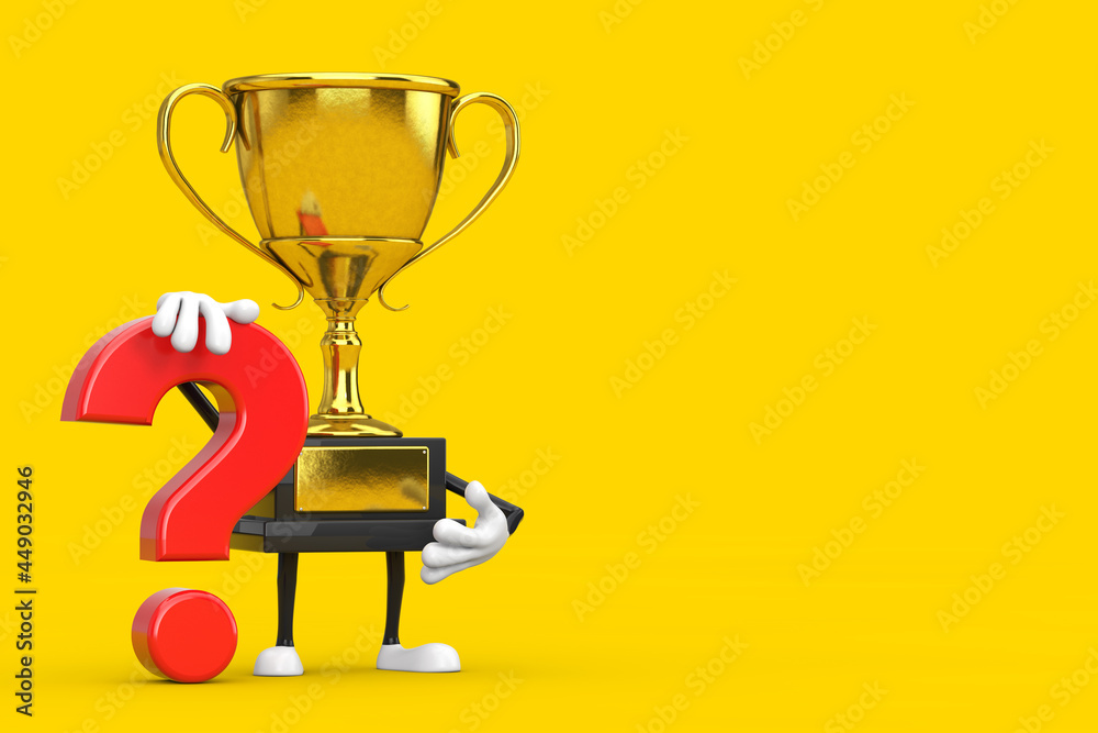Poster golden award winner trophy person character mascot with red question mark sign. 3d rendering