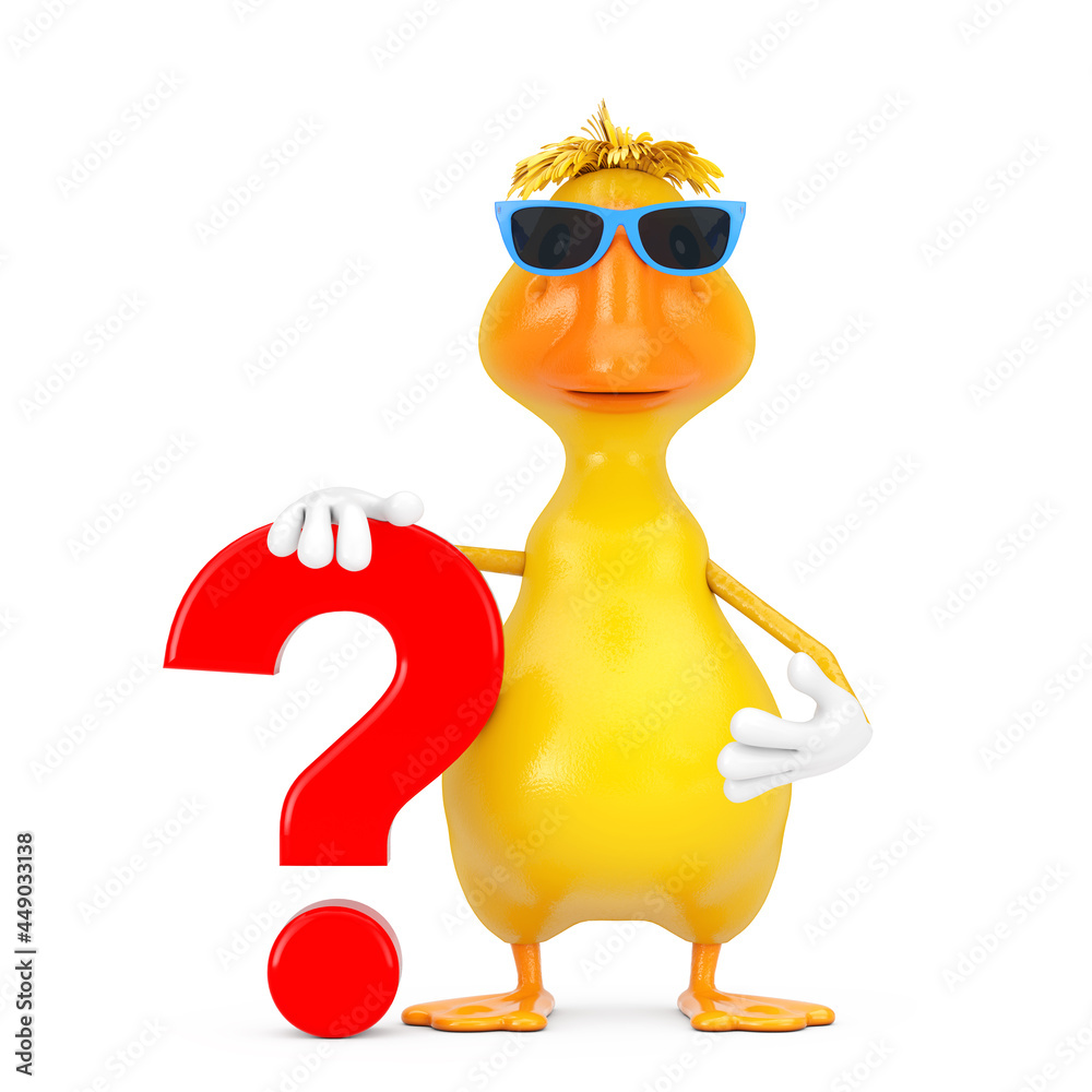 Aufkleber cute yellow cartoon duck person character mascot with red question mark sign. 3d rendering