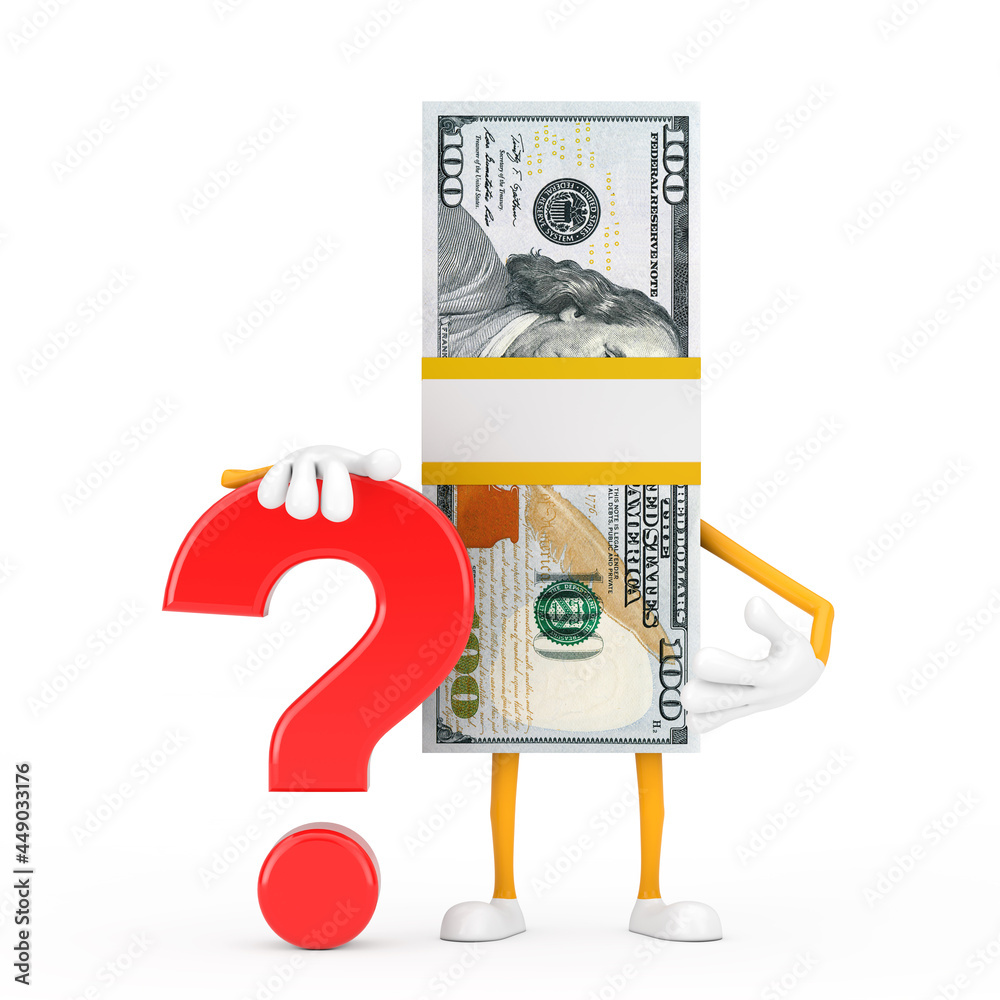 Leinwandbilder stack of one hundred dollar bills person character mascot with red question mark sign. 3d rendering