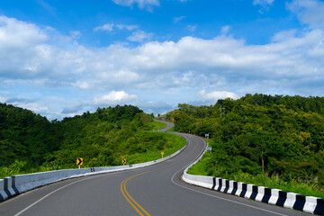 No.3 Road with green hill and Beautiful sky at Nan Province Thailand.