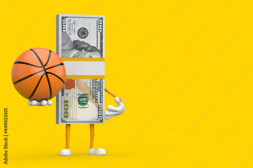 Aufkleber stack of one hundred dollar bills person character mascot with basketball ball. 3d rendering