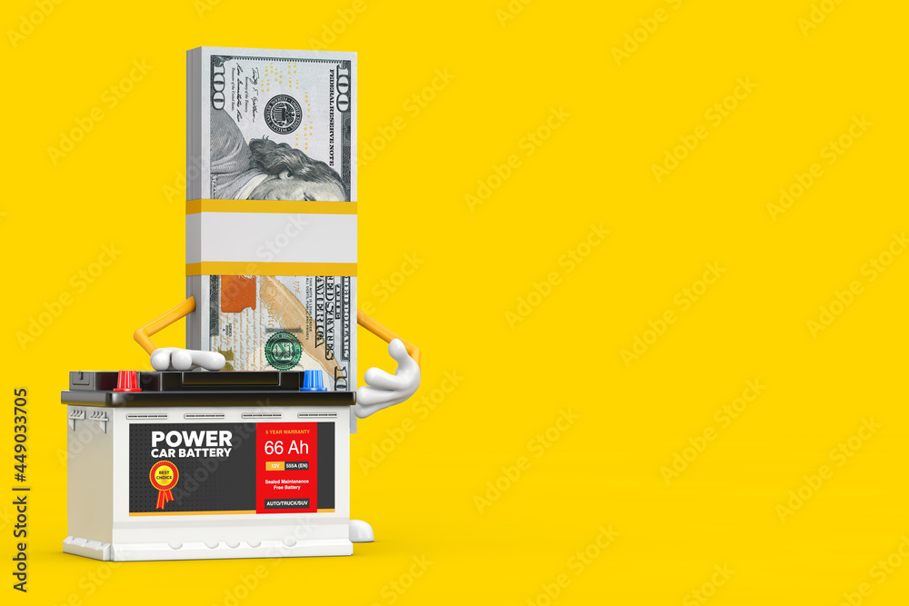 Aufkleber stack of one hundred dollar bills person character mascot and rechargeable car battery 12v accumulat