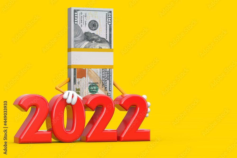 Aufkleber Stack of One Hundred Dollar Bills Person Character Mascot with Red 2022 New Year Sign. 3d Rendering