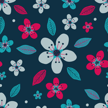 Vector navy abstract cherry blossom flowers and leaves seamless pattern. Perfect for fabric (clothing, bedding, curtains, upholstery), wallpaper, stationery and scrapbooking.