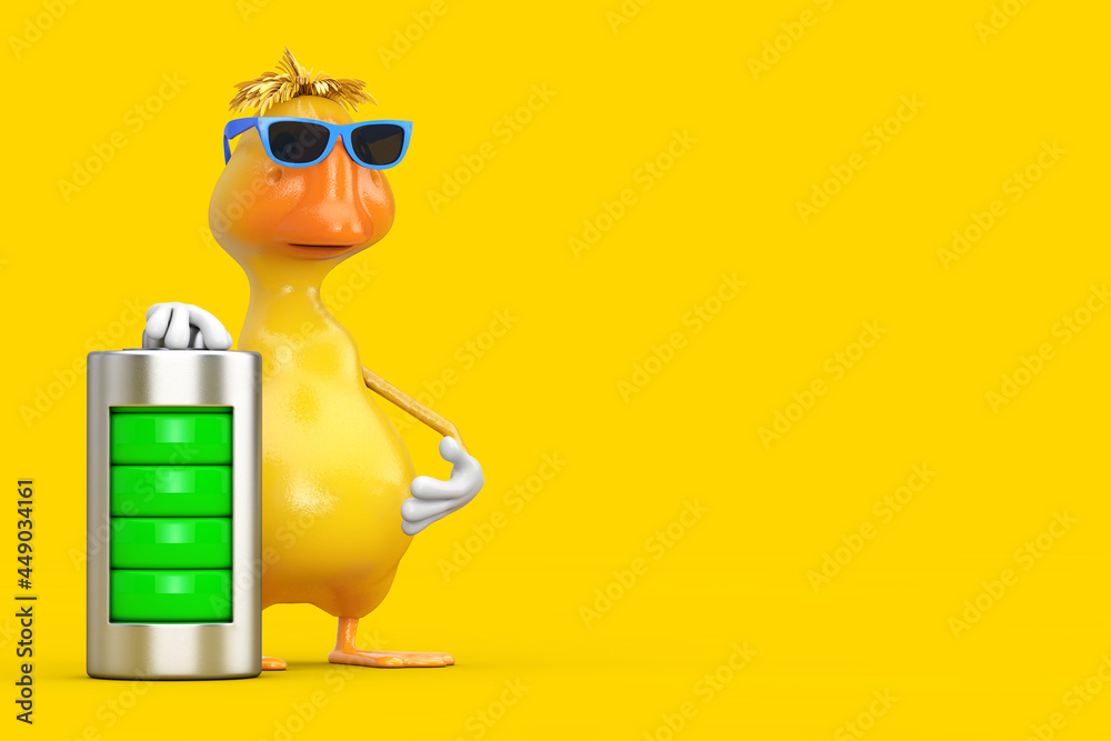 Poster cute yellow cartoon duck person character mascot with abstract charging battery. 3d rendering