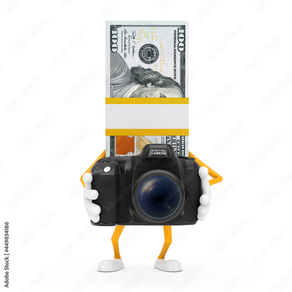 Aufkleber stack of one hundred dollar bills person character mascot with modern digital photo camera. 3d rende