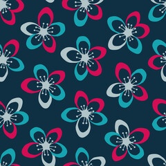 Vector navy abstract cherry blossom flower seamless pattern. Perfect for fabric (clothing, bedding, curtains, upholstery), wallpaper, stationery and scrapbooking.