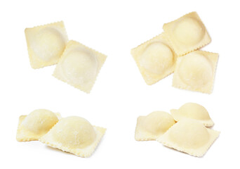 Set with uncooked ravioli on white background