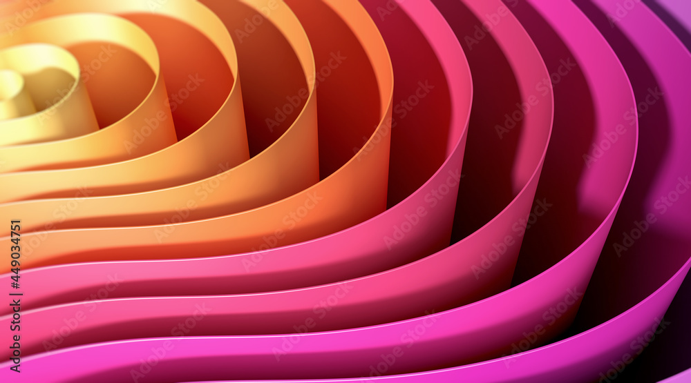 Poster 3d render abstract background of smooth lines of splines from yellow to pink with a dof