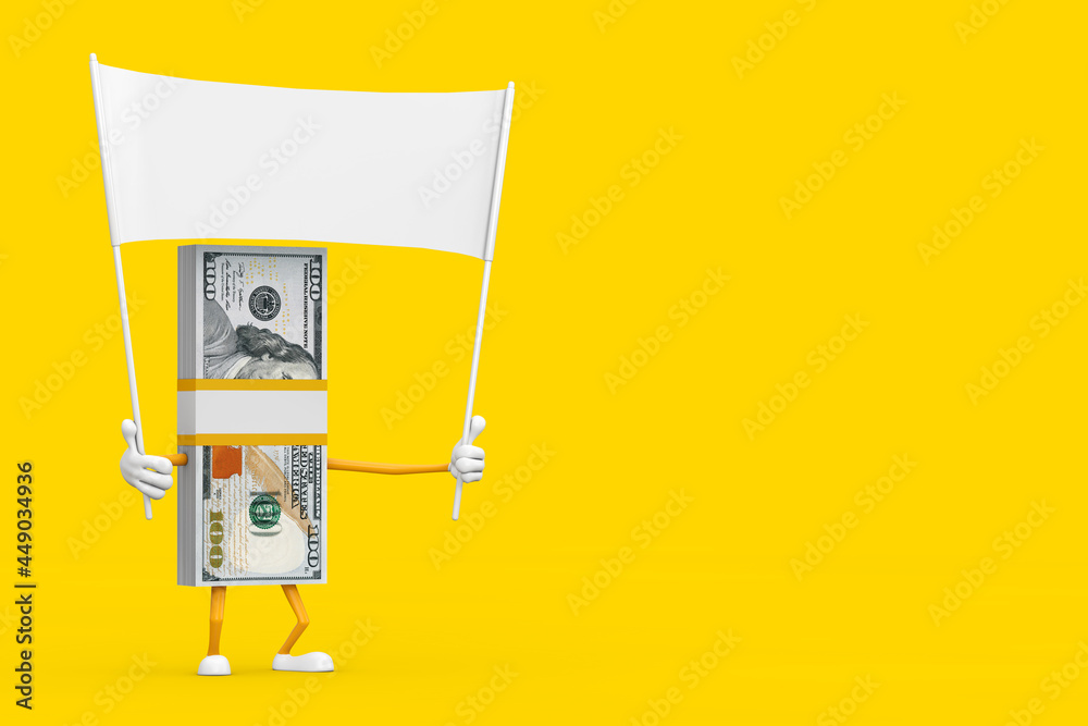 Leinwandbilder stack of one hundred dollar bills person character mascot and empty white blank banner with free spa