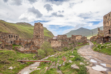 Fototapeta na wymiar Medieval architectural complex of multi-tiered residential buildings with towers. Mountain Digoria. Galiat. North Ossetia. Russia.