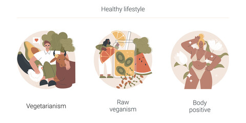 Healthy lifestyle abstract concept vector illustration set. Vegetarianism and raw veganism, body positive, juice and sprout diet, fresh organic products, body detox, self-confidence abstract metaphor.