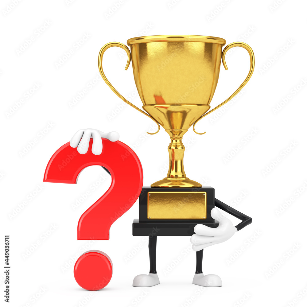 Poster golden award winner trophy person character mascot with red question mark sign. 3d rendering