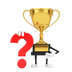 Golden Award Winner Trophy Person Character Mascot with Red Question Mark Sign. 3d Rendering