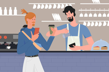 People drink coffee in cafe vector illustration. Cartoon male hipster character drinking, holding mobile phone and hot beverage, barista making espresso coffee for client in bar interior background