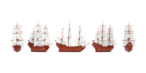 Set of Red Wooden Vintage Tall Sailing Ship, Caravel, Pirate Ship or Warship in Different Views. 3d Rendering