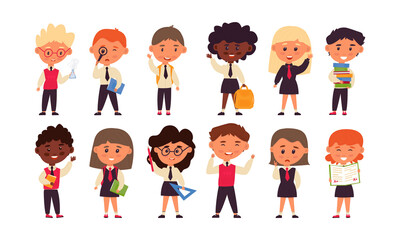 Obraz na płótnie Canvas set of 12 students. Cute cartoon characters. Boys and girls in school uniforms. Back to school. Vector illustration, flat