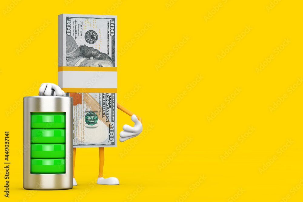 Aufkleber stack of one hundred dollar bills person character mascot with abstract charging battery. 3d renderi