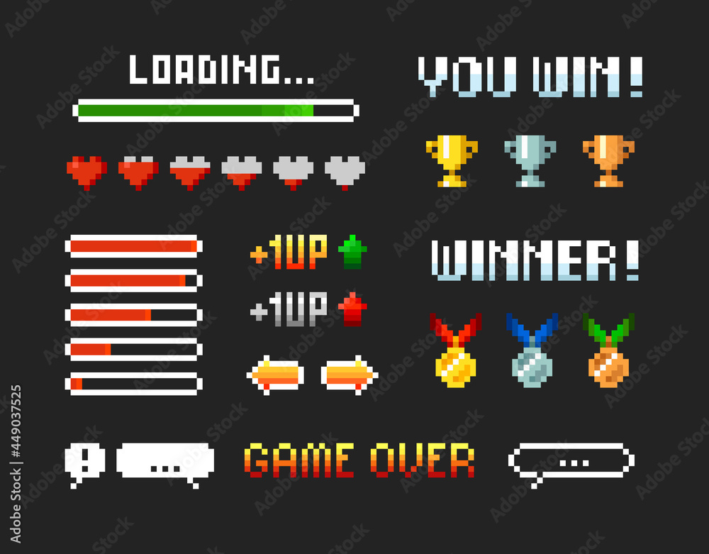 Poster pixel art 8 bit winner trophy cups and medals with loading bar set elements for arcade game design. 