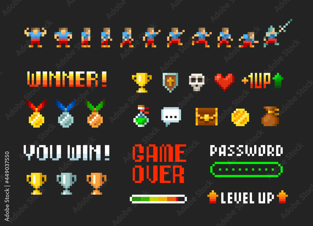 Poster pixel art 8 bit winner trophy cups and medals with game loot icons for arcade design. level up with 